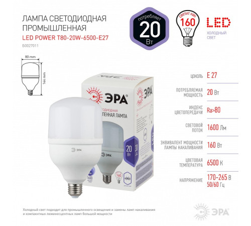 Лампа светодиодная Эра LED POWER T80-20W-6500-E27