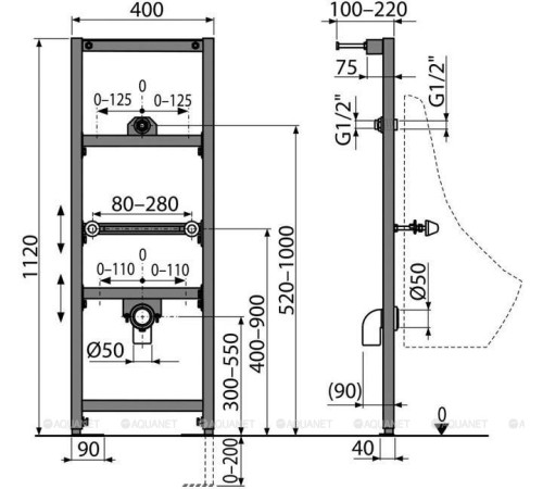 Инсталляция для писсуара AlcaPlast высота 1120 мм A107/1120