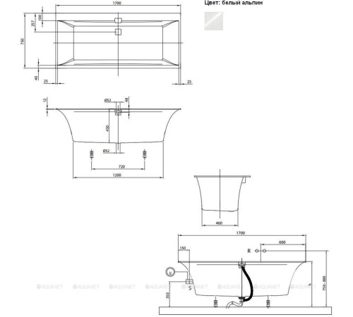 Ванна квариловая Villeroy & Boch Squaro Edge 12 170x75 см комплект с ножками и сливом-переливом UBQ170SQE2DV-01