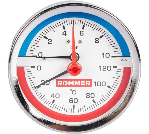Термоманометр аксиальный ROMMER 80 мм 120 °C 10 бар с запорным клапаном 1/2 RIM-0005-801015