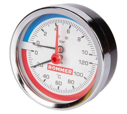 Термоманометр аксиальный ROMMER 80 мм 120 °C 10 бар с запорным клапаном 1/2 RIM-0005-801015