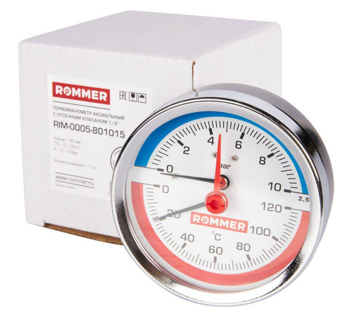 Термоманометр аксиальный ROMMER 80 мм 120 °C 10 бар с запорным клапаном 1/2 RIM-0005-801015