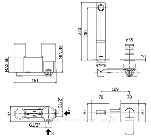 Смеситель для раковины встраиваемый Paffoni Tilt накладки 70x70 мм излив 200 мм steel looking TI105ST70
