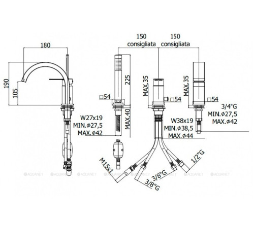 Смеситель на борт ванны Paffoni RINGO на 3 отверстия с дивертором и изливом черный матовый RIN040LNO