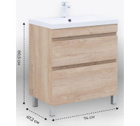 Тумба с раковиной Aquanet Нота New 75 напольная 2 ящика дуб светлый 00345801