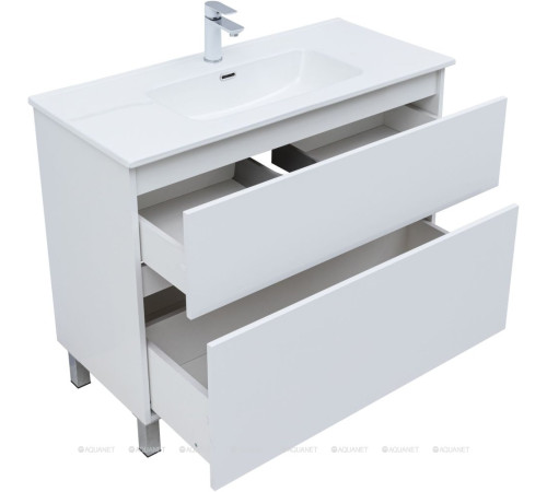 Тумба с раковиной Aquanet Вега 100 Flat напольная 2 ящика белый глянец 00345379