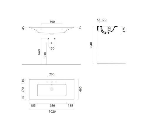 Раковина накладная/подвесная GSI Pura 1020х460 мм с отверстием под смеситель Ardesia Matte 8886126