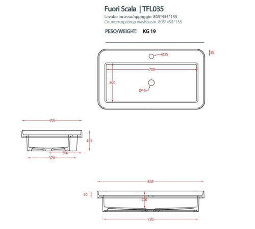 Раковина Artceram Fuori Scala 80х45 см встраиваемая с 1 отверстием белый TFL035 01 00
