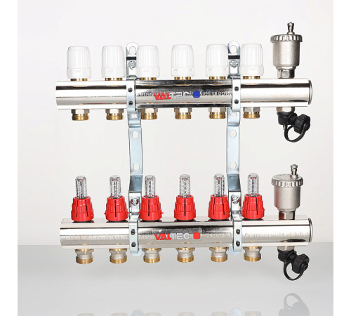 Коллекторный блок Valtec из нержавеющей стали с термоклапанами и расходомерами 1 x 9 выходов 3/4 Евроконус VTc.596.EMNX.0609