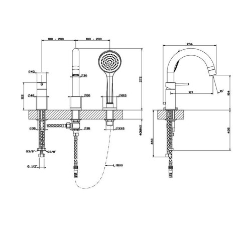 Смеситель для ванны Gessi Emporio Via Tortona на 3 отверстия с изливом и душевой лейкой Finox Brushed Nickel 18637#149