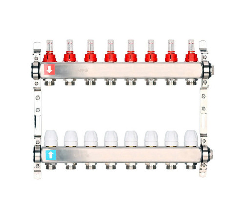 Комплект коллекторов Gappo G424 1 x 3/4 EK 8 выходов нержавеющая сталь с расходомерами и кронштейнами G424-8
