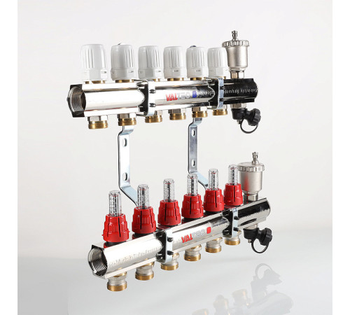 Коллекторный блок Valtec из нержавеющей стали с термоклапанами и расходомерами 1 x 9 выходов 3/4 Евроконус VTc.596.EMNX.0609