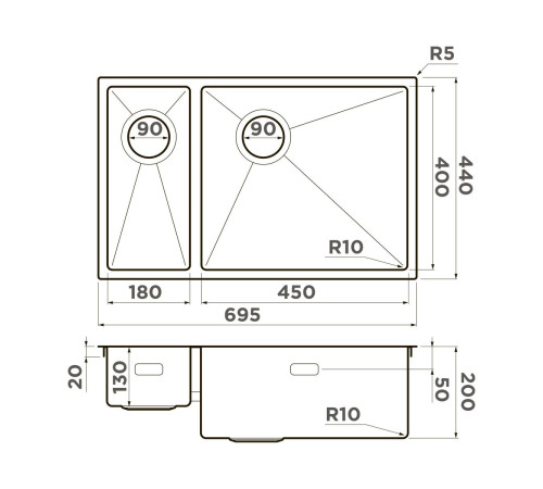 Кухонная мойка OMOIKIRI Taki 69-2-U/IF-R Side-LG 69,5x44 см светлое золото 4993184