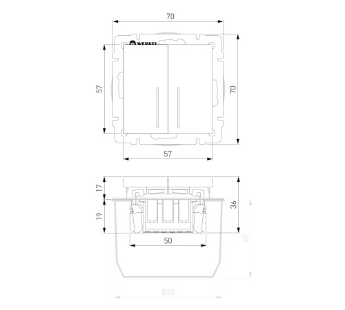 Выключатель двухклавишный проходной с подсветкой (cеребряный рифленый) W1122109
