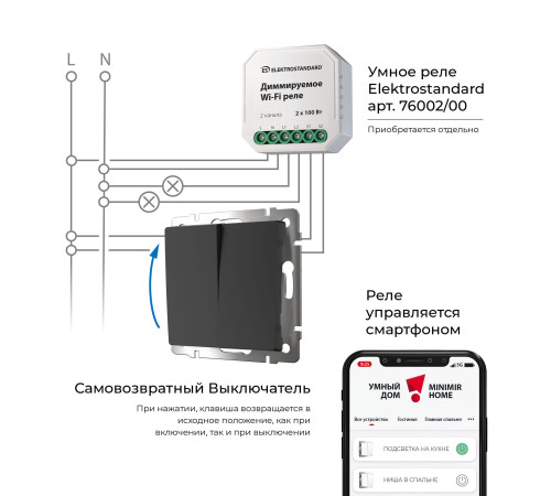 Выключатель двухклавишный с самовозвратом (черный матовый) W1122408