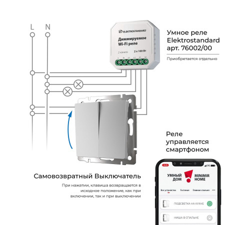 Выключатель двухклавишный с самовозвратом серебряный W1122406