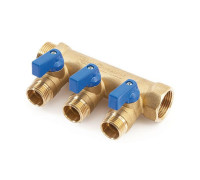 Коллектор латунный Hoobs 1х3х1/2 EK с шаровыми кранами 3 выхода синие ручки HB-6200R6H1004B3A