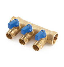 Коллектор латунный Hoobs 1х3х1/2 EK с шаровыми кранами 3 выхода синие ручки HB-6200R6H1004B3A