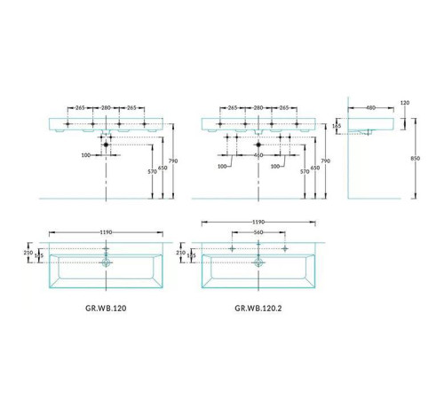 Раковина подвесная Kerama Marazzi Grande 119.5х18 см 2 отверстия белый глянец GR.wb.120.2