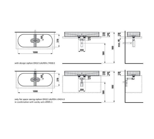 Раковина накладная Laufen Sonar 100x37x13 см двойная без отверстия с декором белый 8.1234.9.000.112.1
