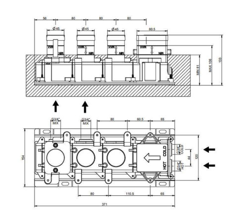 Встраиваемая часть для термостатического смесителя Gessi Hi-Fi на 2 выхода 3/4 63011#031
