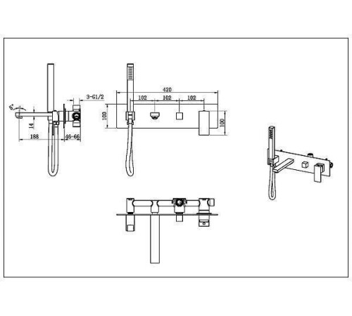 Смеситель для ванны встраиваемый Boheme Qubic 42x18.8x10 см черный матовый 474-2-B