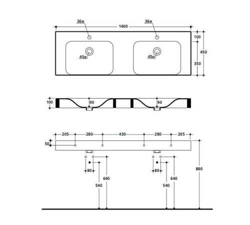 Раковина Kerasan Cento 140х45 см 1 отв. подвесная белый 353601