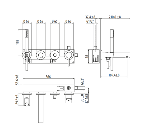 Смеситель для ванны встраиваемый на 4 отверстия Gattoni Circle One с внутренней частью и ручной лейкой черный матовый 9005/90NO