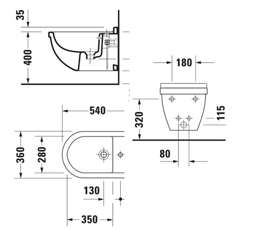Биде подвесное Duravit Starck 3 54х36 см 1 отверстие Durafix белое 2280150000