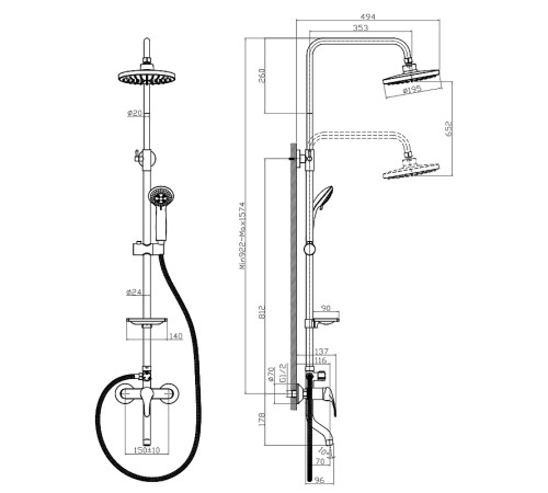 Душевая система Rossinka Silvermix A35-46 со смесителем для ванны верхним душем и поворотным изливом хром A35-46