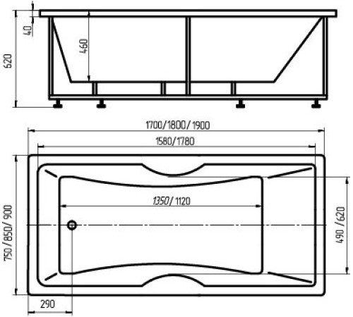 Ванна акриловая Radomir Феникс-190 без фронтального экрана FEN190-0000079