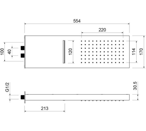 Верхний душ настенный Aquanet 2 jet 550x170x30 мм матовый черный AQ2085MB
