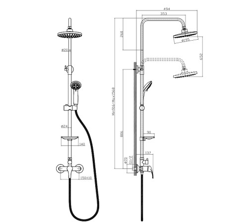 Душевая система Rossinka Silvermix A35-45 со смесителем верхним душем и 3-функциональной лейкой хром A35-45