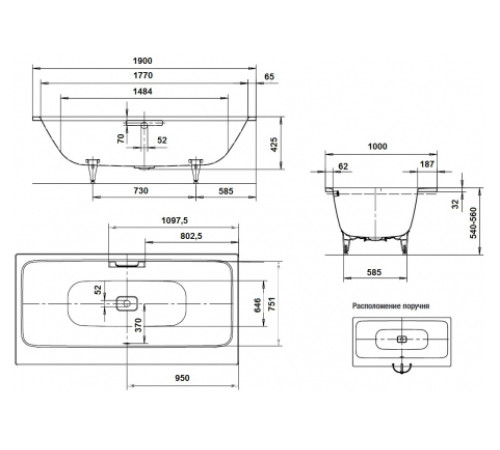 Ванна стальная Kaldewei Asymmetric Duo мод. 744 190x100 см Easy-Clean белая 274400013001