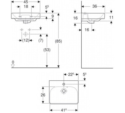 Раковина Geberit Smyle Square 45х36 см с отверстием под смеситель 500.222.01.1