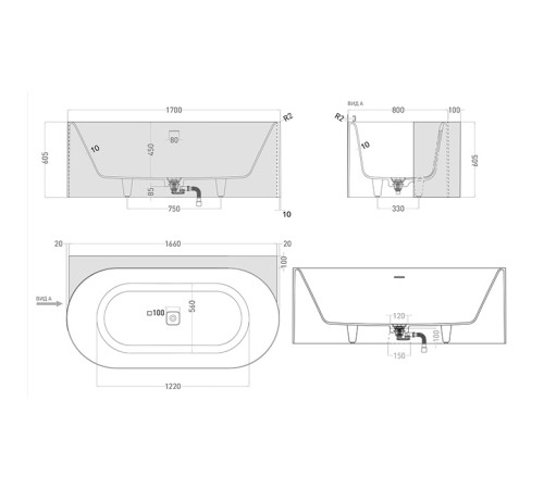 Ванна пристенная Salini Perla W 170x90 см S-Stone белый матовый 1049204M