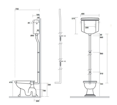 Унитаз напольный Kerasan Retro 72х38.5 см с высоким бачком слив в пол белый/бронза 101001/754593/760393/108001/757393