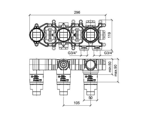 Внутренняя часть смесителя Almar Modular на 2 потребителя горизонтальная E186903