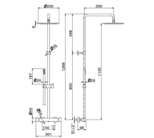Душевая стойка с термостатом Newform XT верхний душ 250 мм хром 61165.21.018