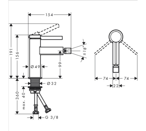 Смеситель для биде Hansgrohe Finoris однорычажный с донным клапаном push-open черный матовый 76200670