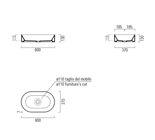 Раковина накладная GSI KUBE X 600х370 мм овальная с донным клапаном 9458PVC11