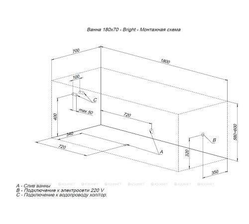 Акриловая ванна Aquanet Aura 180x70 см с каркасом 00362716