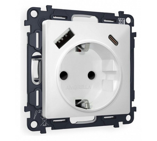 Розетка с заземлением и 2хUSB type A и C, без рамки Ambrella Volt Quant MA130010