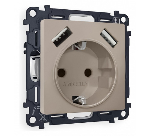 Розетка с заземлением и со шторкой и 2хUSB type A, без рамки Ambrella Volt Quant MA369010