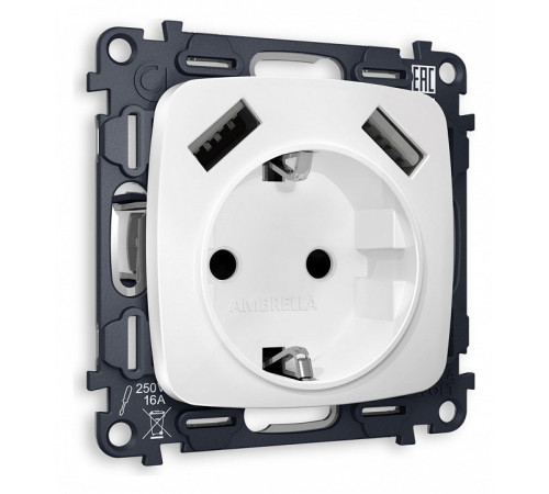 Розетка с заземлением и 2хUSB type A, без рамки Ambrella Volt Quant MO129010