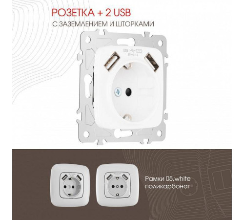 Розетка с заземлением и со шторкой и 2хUSB, без рамки Arte Milano am-205 205.47-1.white