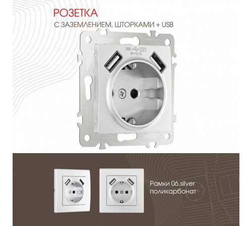 Розетка с заземлением и со шторкой и 2хUSB, без рамки Arte Milano am-206 206.47-1.silver