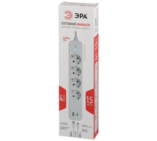 Удлинитель с выключателем ЭРА USF-4es-1,5m-2xUSBAC-W 4 розетки 1.5 м USB-A+C белый USF-4es-1,5m-2xUSBAC-W