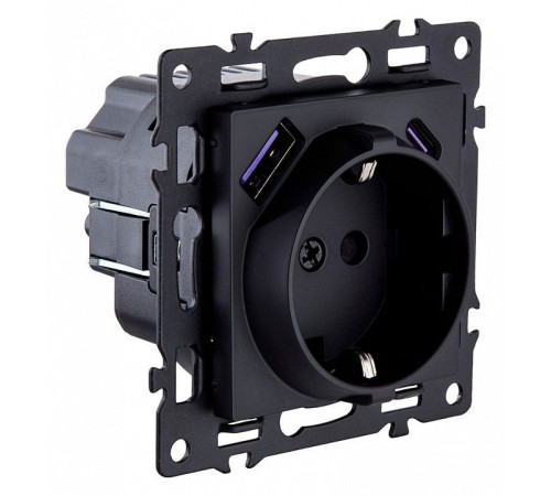 Розетка с заземлением и со шторкой и 2хUSB type A и C, без рамки Kollinger Asthetik AS-016BK