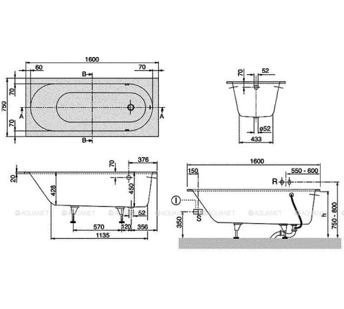 Ванна квариловая Villeroy & Boch Oberon 160x75 см комплект с ножками UBQ160OBE2V-01